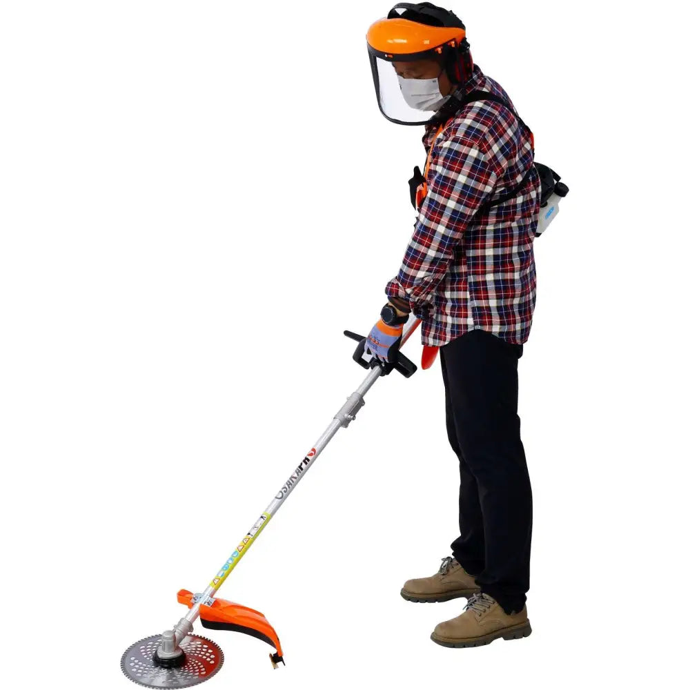 Orange and silver gas-powered brush cutter with circular cutting head for hedge trimmer and plastic pruning tools use