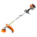 Orange and black gas-powered brush cutter and hedge trimmer with silver shaft and ergonomic handle for plastic pruning tools