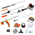 Orange and black gas-powered hedge trimmer and brush cutter multi-tool set with plastic pruning tools and attachments
