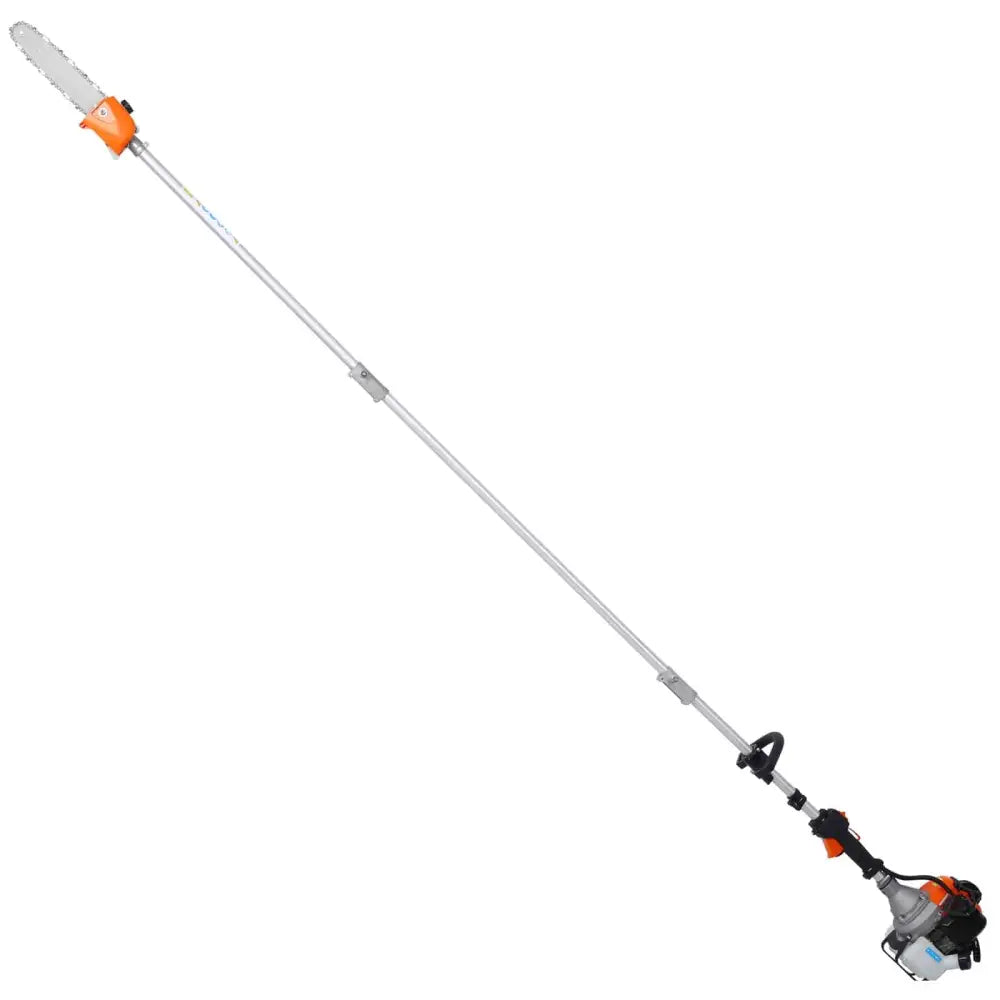 Orange and black gas-powered hedge trimmer and brush cutter multi-tool set with plastic pruning tools and attachments