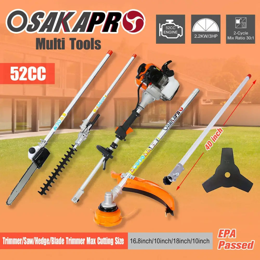 Osakapro hedge trimmer and brush cutter multi tool set with orange black engine and silver metal shafts for pruning and cutting
