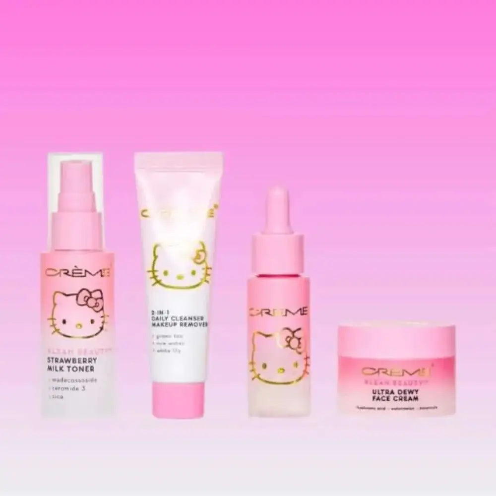 Pink hello kitty skincare essentials 4pc travel bag set featuring strawberry milk toner cleanser cream and dropper bottle