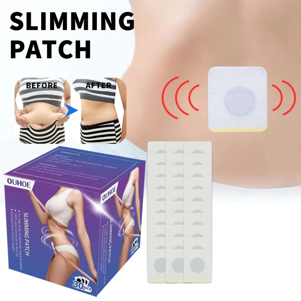 Herbal slimming belly patches with white rectangular shape yellow adhesive border and tea seed oil in purple ouhooe box 30 pieces
