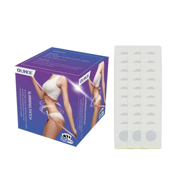 White herbal slimming belly patches with tea seed oil in a purple ouhoe box containing 30 circular adhesive pieces