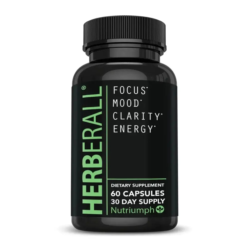 Black plastic bottle of herberall best nootropic focus vitamins with green white label featuring focus mood clarity energy