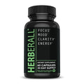 Black plastic bottle of herberall best nootropic focus vitamins with green white label featuring focus mood clarity energy