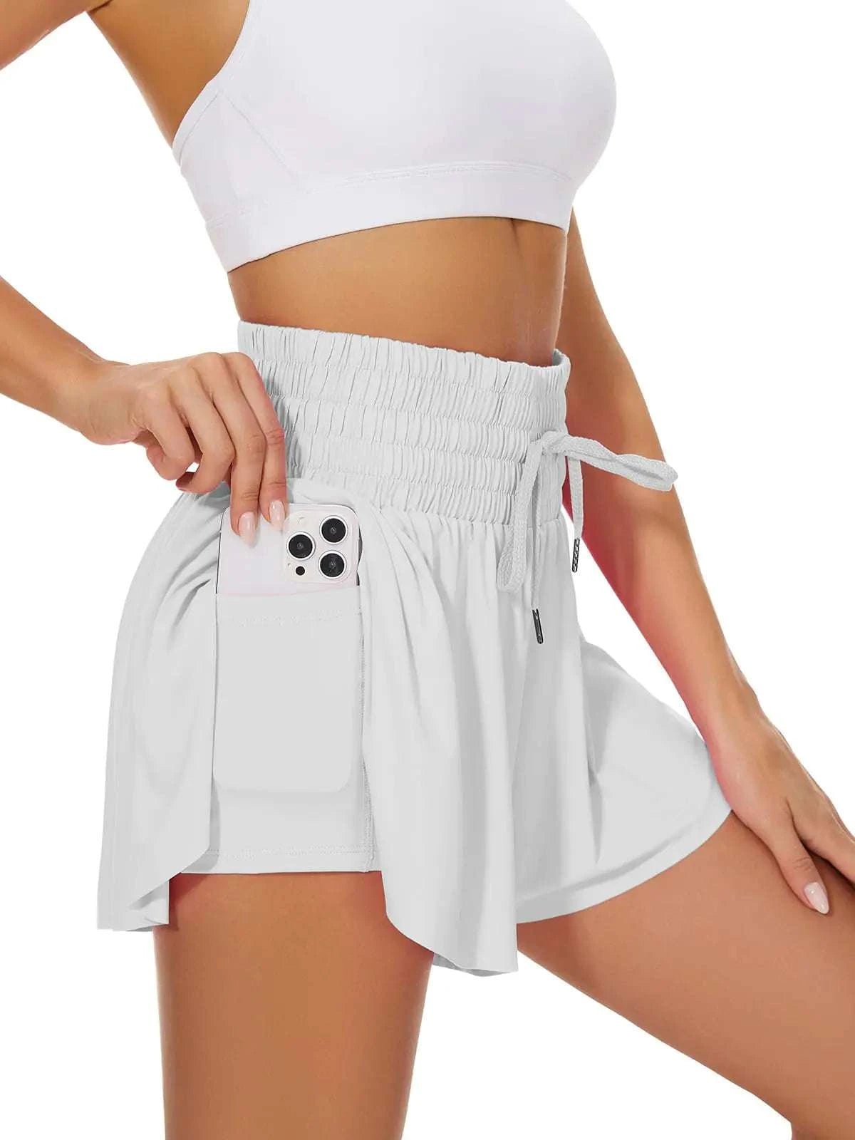 Heyielda High Waist Flowy Athletic Shorts for Women Butterfly Shorts High Rise Workout Gym Shorts（White - S） - Royalessencelux