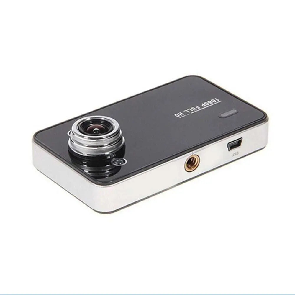Black and silver hidden type dash cam with circular front lens 3 inch screen and suction cup mount for data storage capability