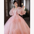 A delicate blush pink tulle gown with voluminous puffy sleeves and floral appliqués for high end banquet style hosts