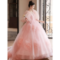 A soft pink high end banquet style host floral tulle gown with voluminous ball gown skirt and puffy sleeves