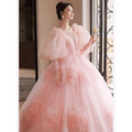 A soft pink high end banquet style host floral tulle gown with voluminous ball gown silhouette and puffy sleeves