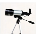 Black and silver list tube telescope with moon mirror and maximum magnification mounted on a tripod with eyepiece holder