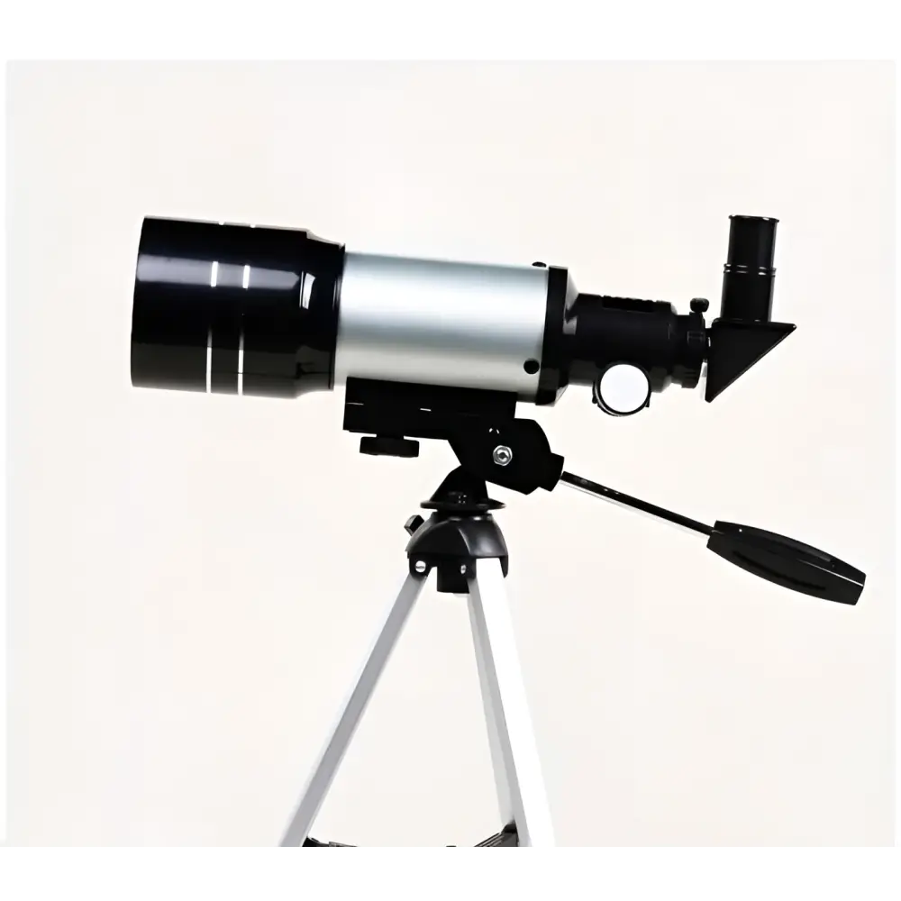 Black and silver list tube telescope with moon mirror and maximum magnification mounted on a tripod with eyepiece holder