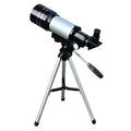 Black and silver list tube telescope with moon mirror and maximum magnification mounted on adjustable tripod legs