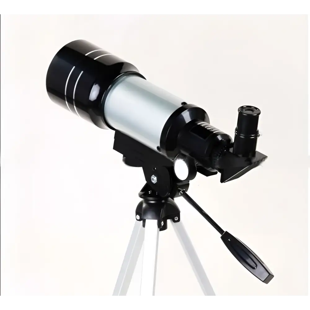 Black and silver list tube telescope with moon mirror and maximum magnification mounted on a tripod with eyepiece holder