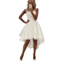 White lace and tulle high low lace style wedding dress with fitted bodice and flared skirt ideal for wedding dress short look