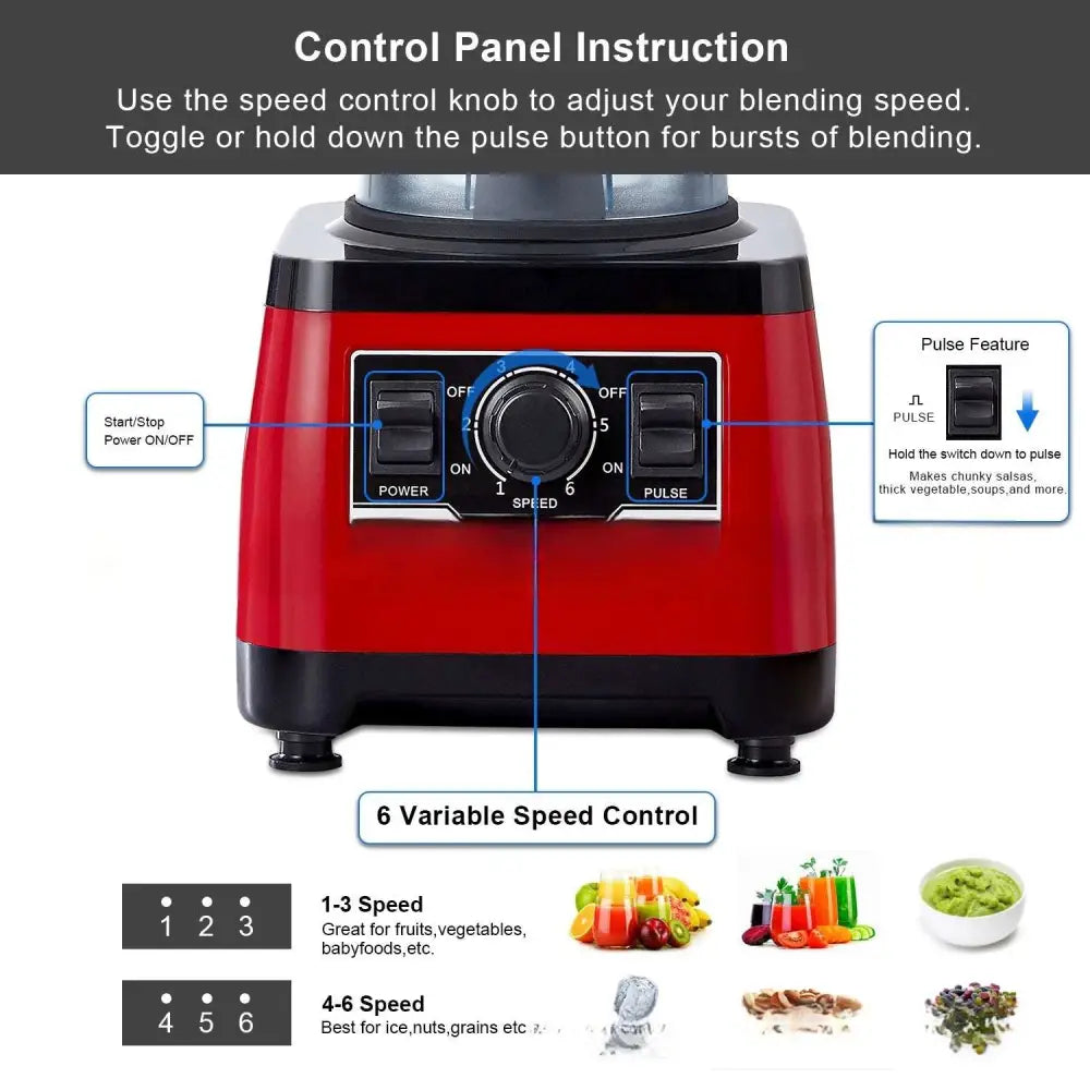 Red and black royale essence lux high-power commercial blender with control panel featuring six variable speed settings