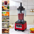 Red and black royale essence lux high power commercial blender with clear glass jar filled with red smoothie