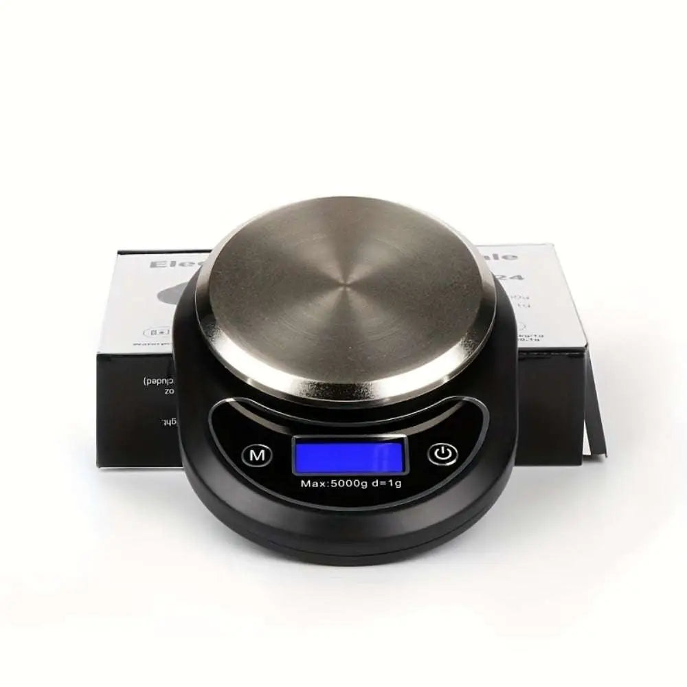 Black high precision household food electronic scale with brushed stainless steel platform and blue backlit display