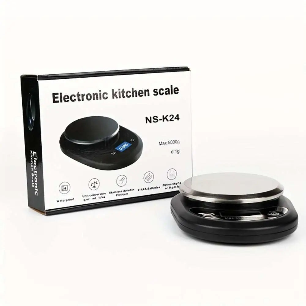 Black high precision household food electronic scale with brushed stainless steel platform and blue backlit display
