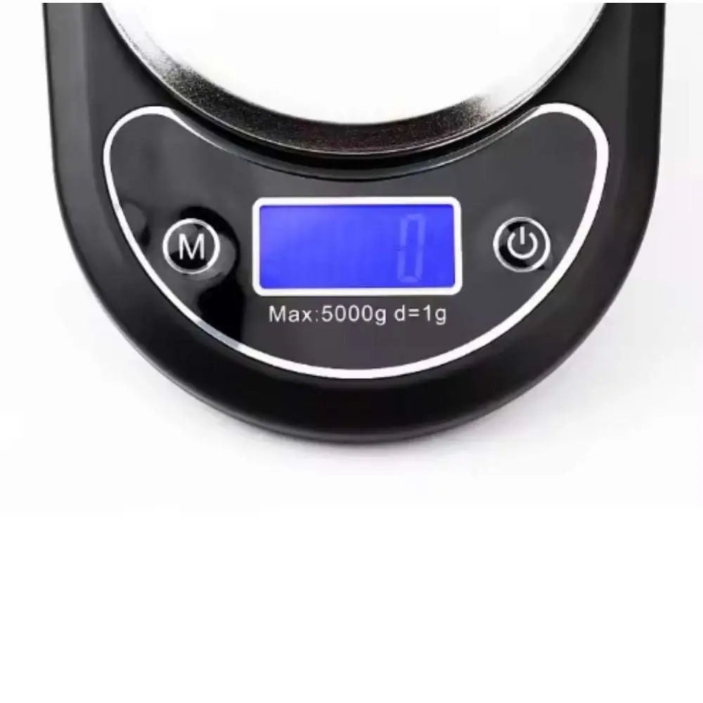 High precision household food electronic scale black digital with blue lcd showing zero max 5000g d 1g buttons for mode power