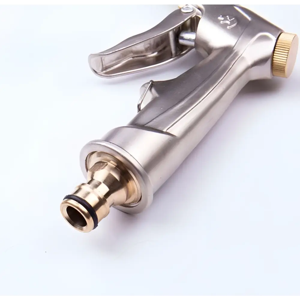 Stainless steel and brass high pressure power washer spray nozzle with textured trigger grip and adjustable flow control knob