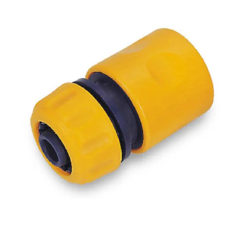 Yellow plastic garden hose connector with dark blue ring and threaded interior for brass high pressure power washer spray nozzle