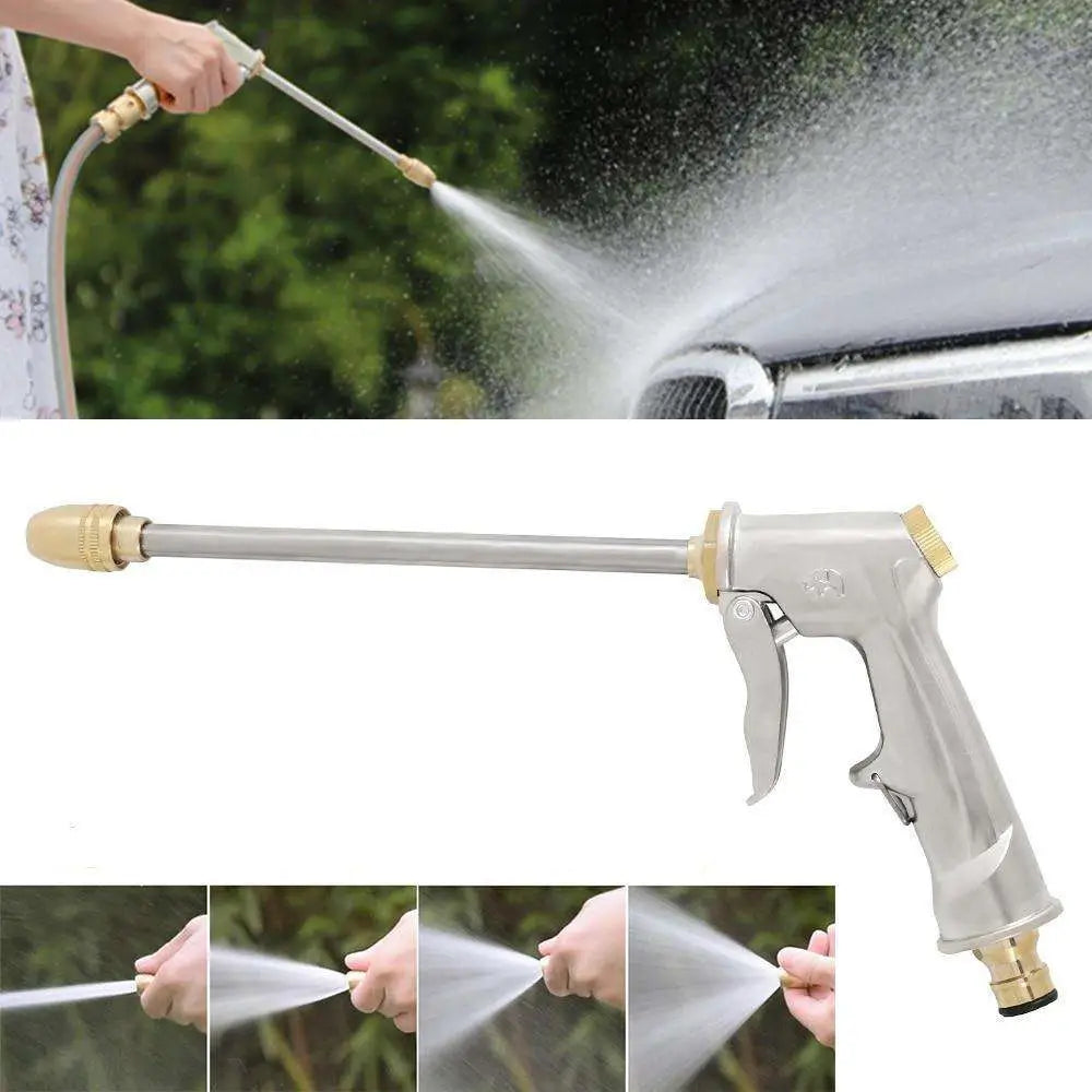 Silver and brass high pressure power washer spray nozzle with a long slender body and adjustable spray settings