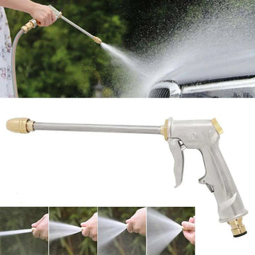 Silver and brass high pressure power washer spray nozzle with a long slender body and adjustable spray settings