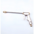 Silver and brass high pressure power washer spray nozzle with long slender barrel and ergonomic trigger grip