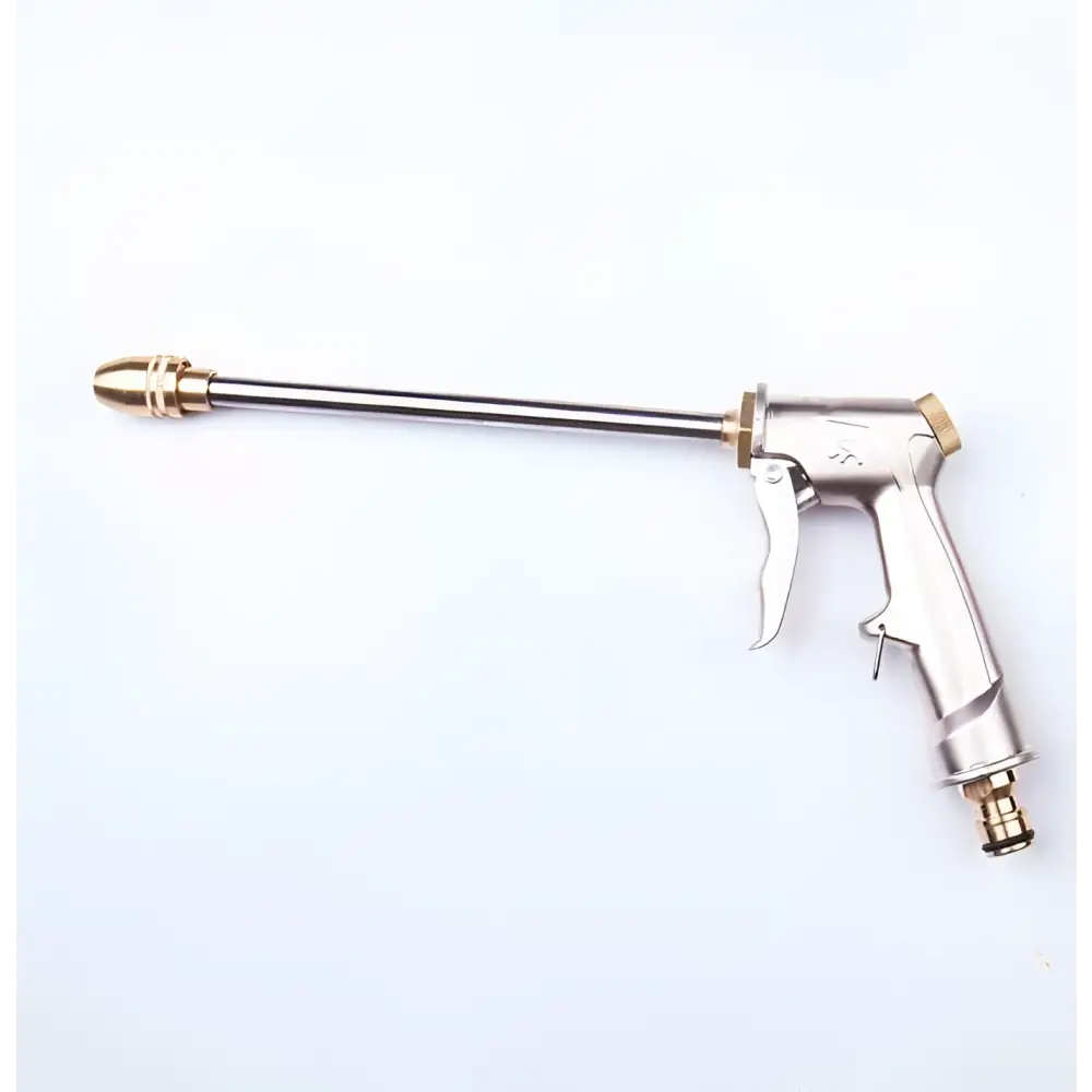Silver and brass high pressure power washer spray nozzle with long slender barrel and ergonomic trigger grip