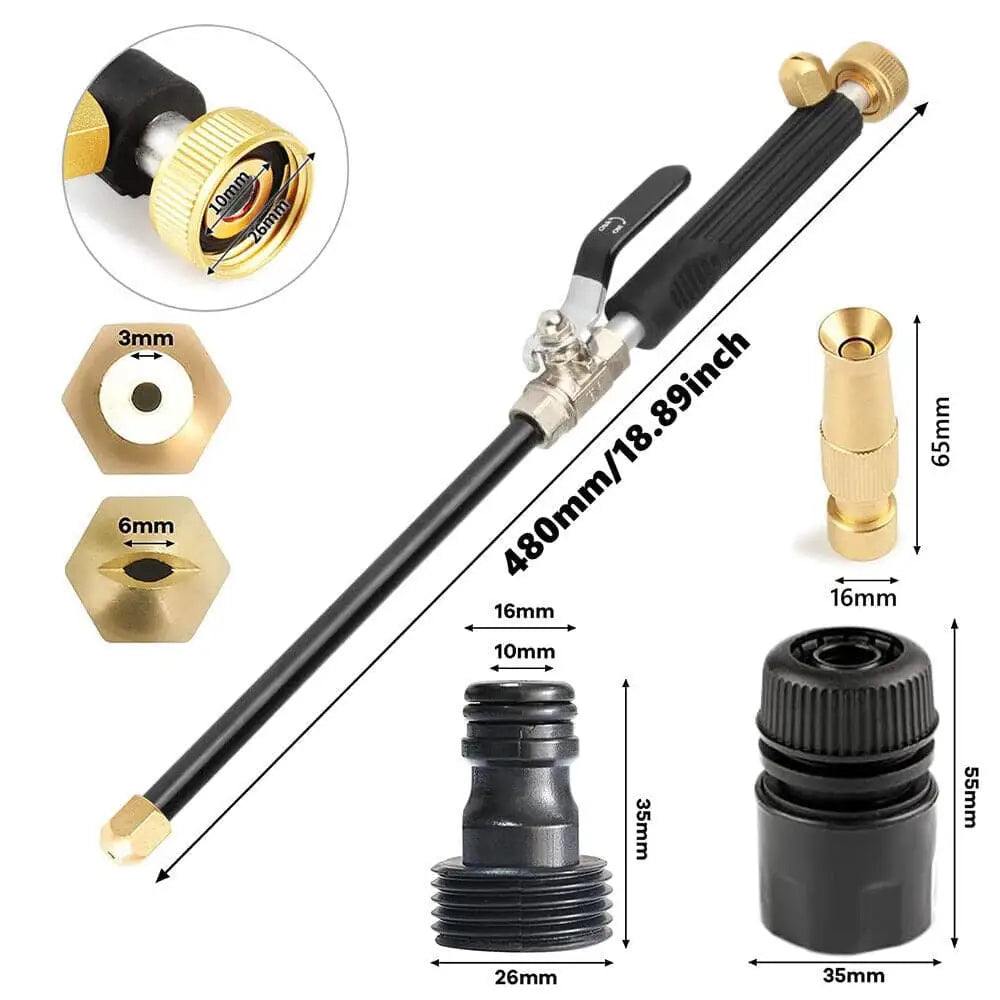 Black and gold high pressure power washer wand with brass fittings and sponge grip handle for adjustable spray control