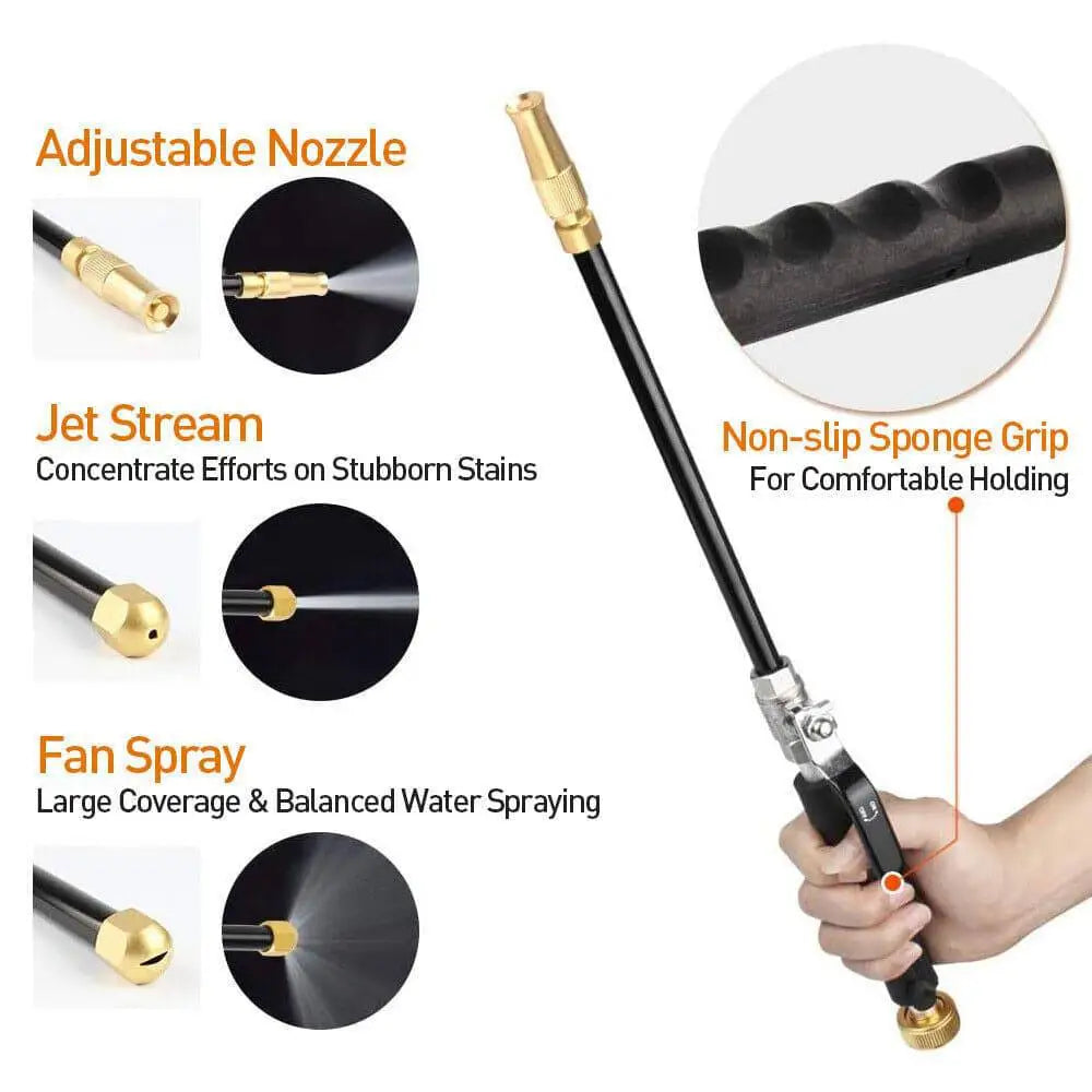 High pressure power washer wand with black and gold adjustable nozzle and non-slip sponge grip handle