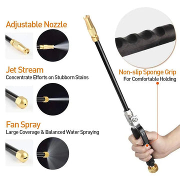 High pressure power washer wand with black and gold adjustable nozzle and non-slip sponge grip handle