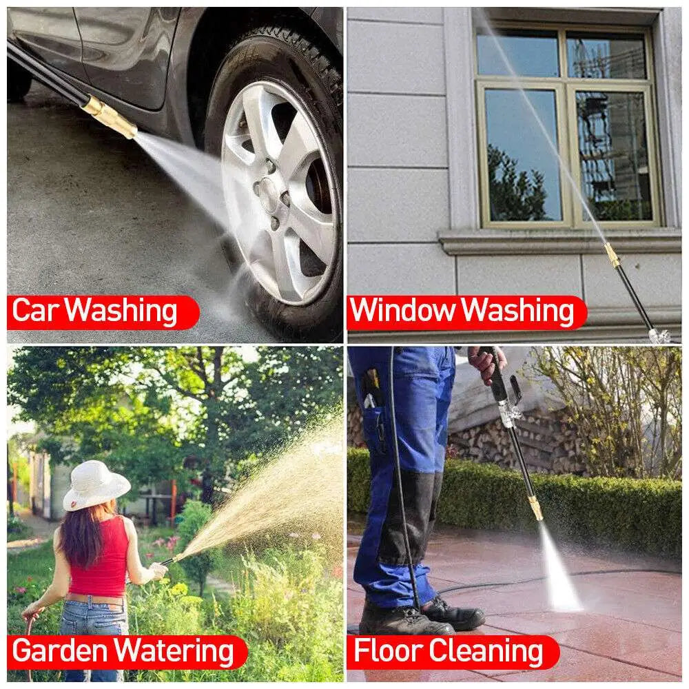 High pressure power washer wand with black and gold adjustable nozzle and non-slip sponge grip handle