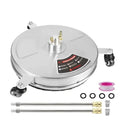 Silver circular high pressure stainless steel 3 wheel floor cleaner attachment with black wheels and brass fittings