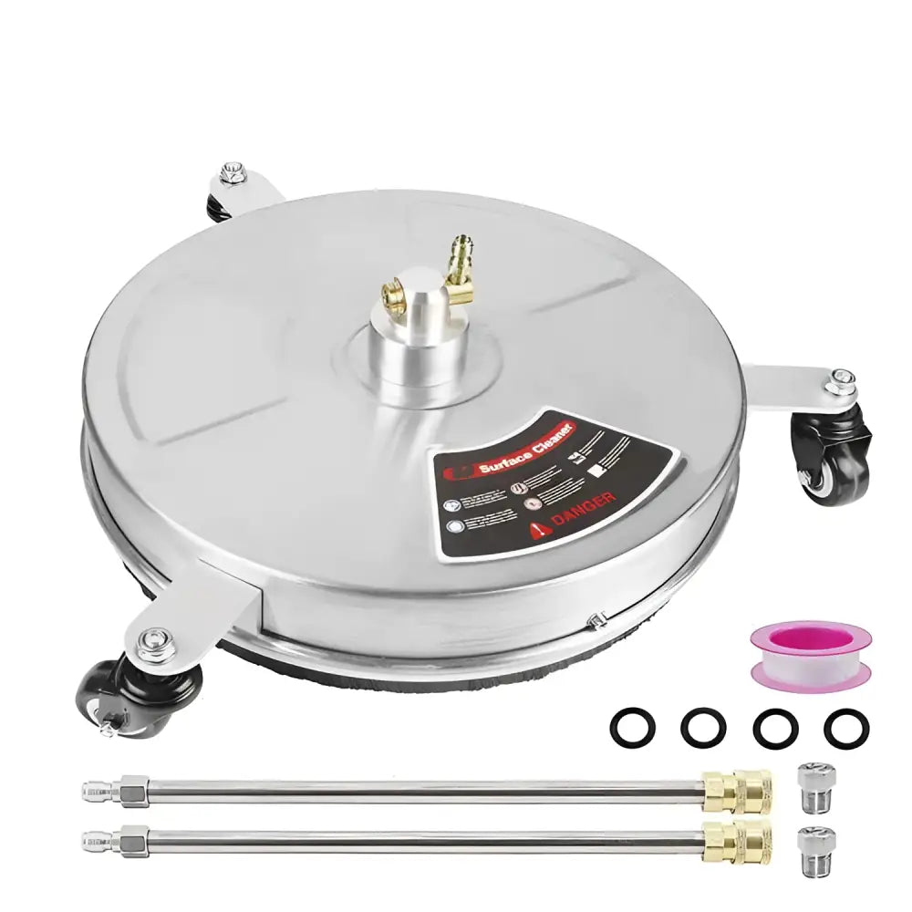 Silver circular high pressure stainless steel 3 wheel floor cleaner attachment with black wheels and brass fittings