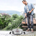 High pressure stainless steel silver circular high wheel floor cleaner with black wheels and long handle for efficient cleaning