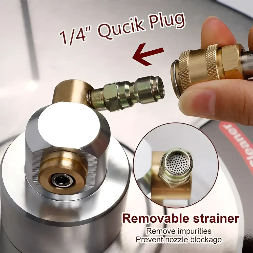 A 1/4 inch brass quick plug with threaded knurled grip and removable strainer for high pressure stainless steel 3 wheel floor cleaner