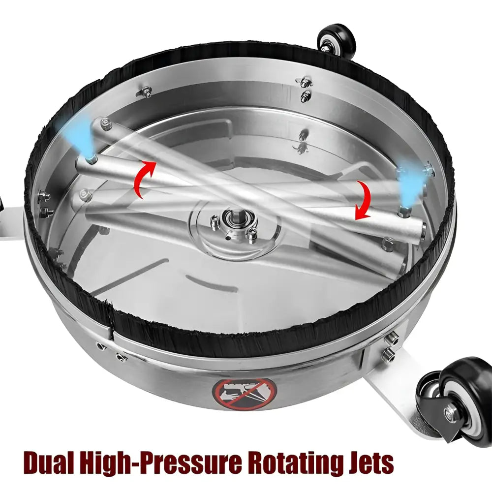 Silver circular high pressure stainless steel 3 wheel floor cleaner attachment with dual rotating jets and rubberized edge