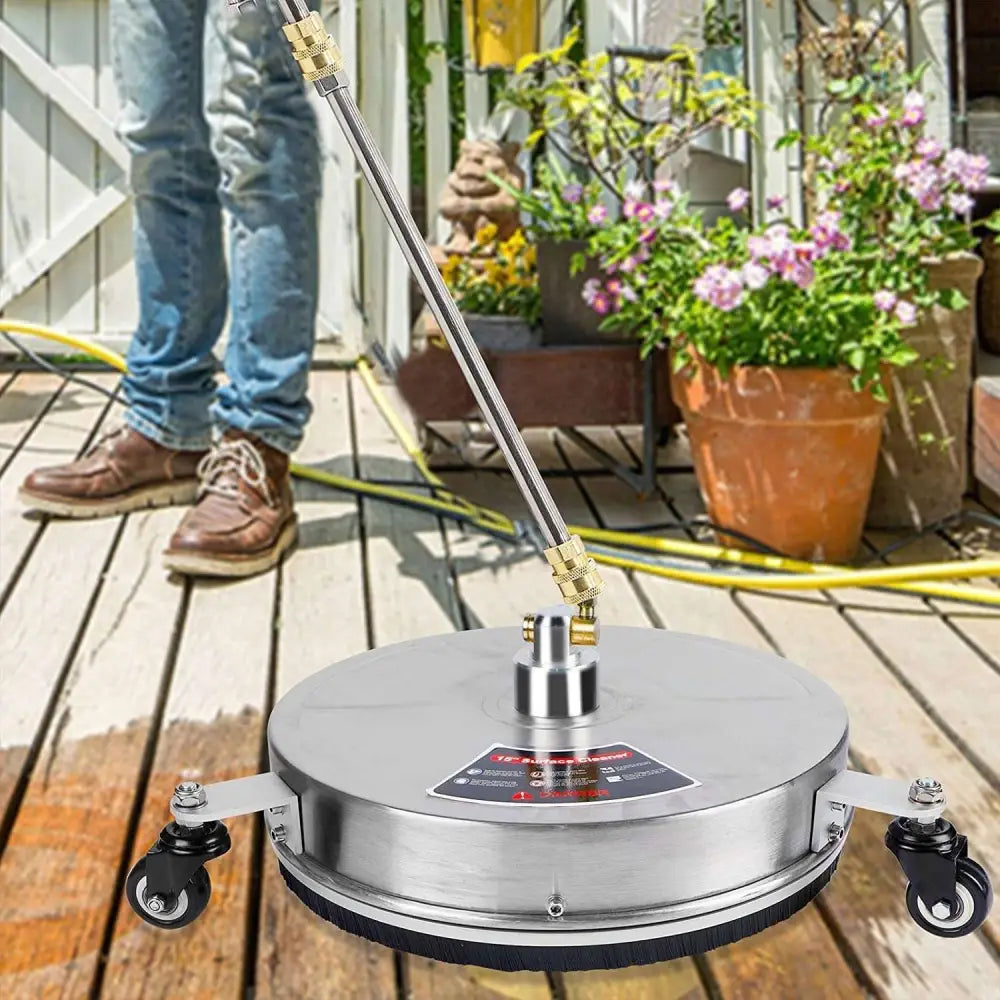 High pressure stainless steel silver circular high wheel floor cleaner with black wheels and long handle for efficient cleaning