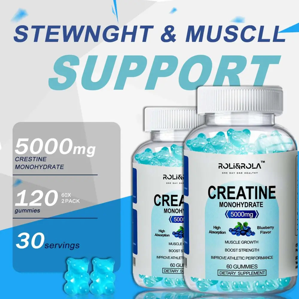 Blue gummy bear-shaped creatine monohydrate gummies in clear bottles with white caps for blueberry-flavored high strength use