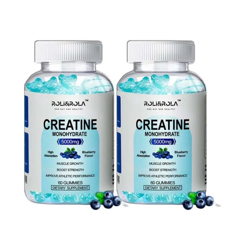Two transparent bottles of rolirola high strength creatine monohydrate gummies with 60 blueberry-flavored candies each