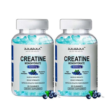 Two transparent bottles of rolirola high strength creatine monohydrate gummies with 60 blueberry-flavored candies each