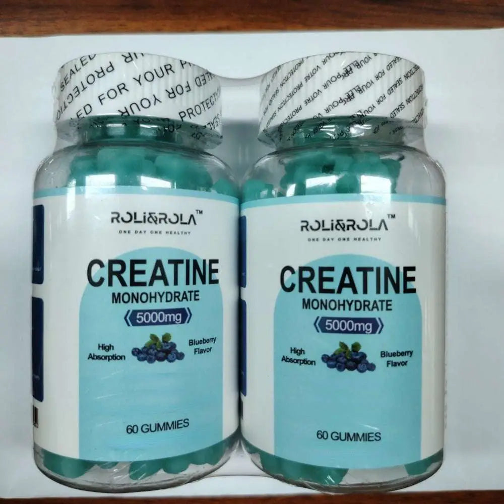 Two transparent bottles of rolirola high strength creatine monohydrate gummies with 60 blueberry-flavored candies each