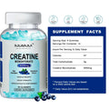 A clear plastic bottle with white cap contains 60 blueberry-flavored high strength creatine monohydrate gummies