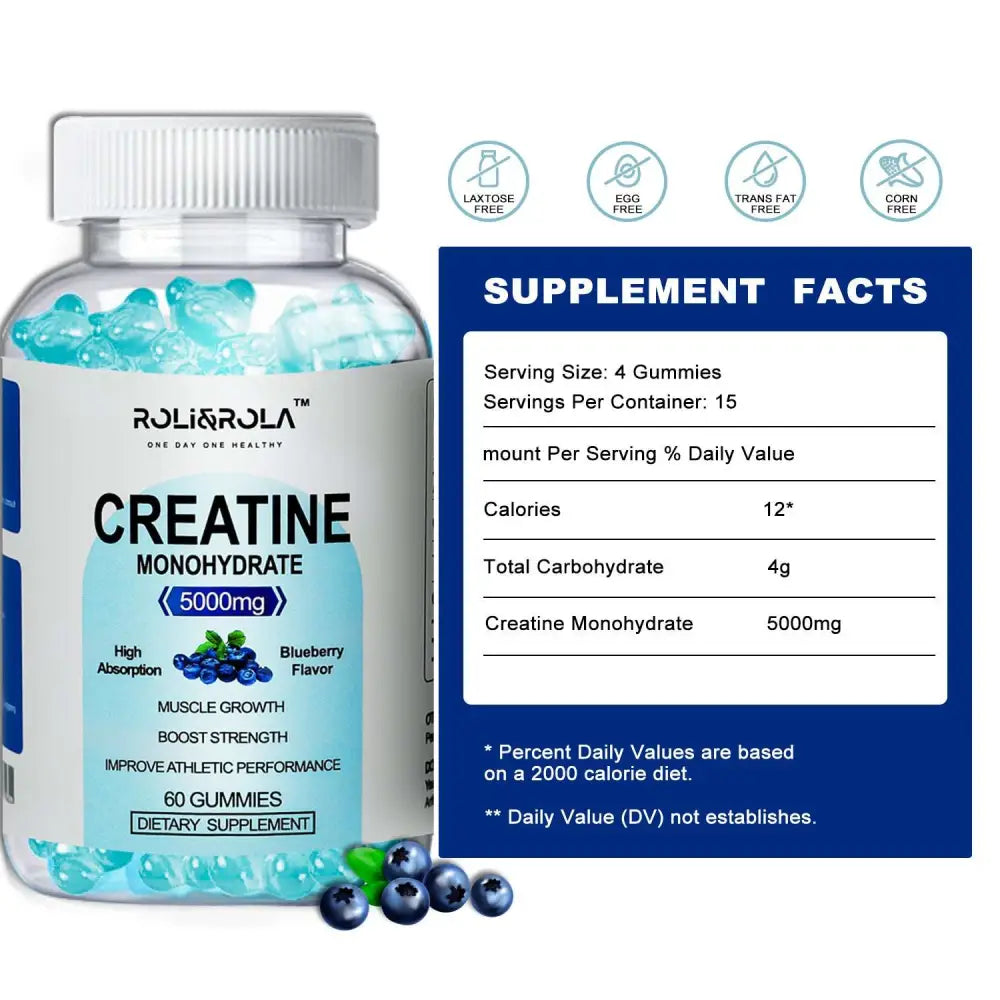 A clear plastic bottle with white cap contains 60 blueberry-flavored high strength creatine monohydrate gummies