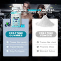 Blueberry-flavored high strength creatine monohydrate gummies in a white bottle with blue labeling 120 count