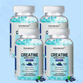 Four transparent bottles of rolirola blueberry-flavored high strength creatine monohydrate gummies with white caps