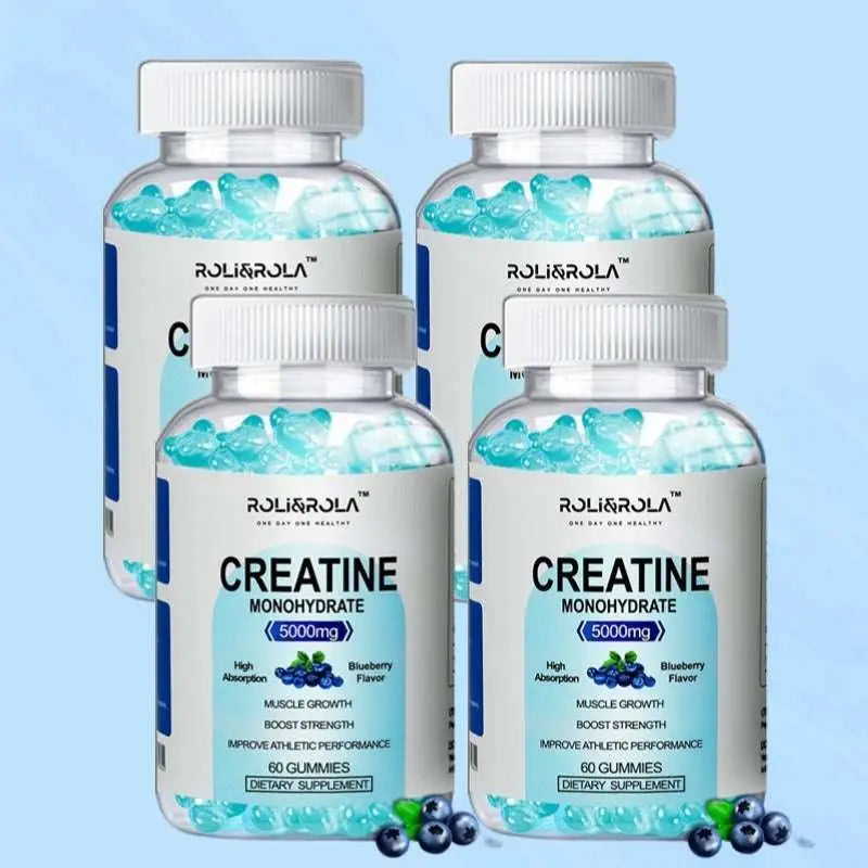 Four transparent bottles of rolirola blueberry-flavored high strength creatine monohydrate gummies with white caps